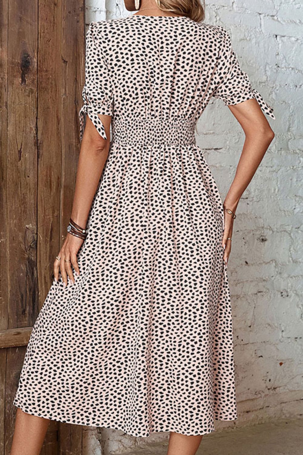 Animal Print Button Front V-Neck Tied Dress - Minihomy