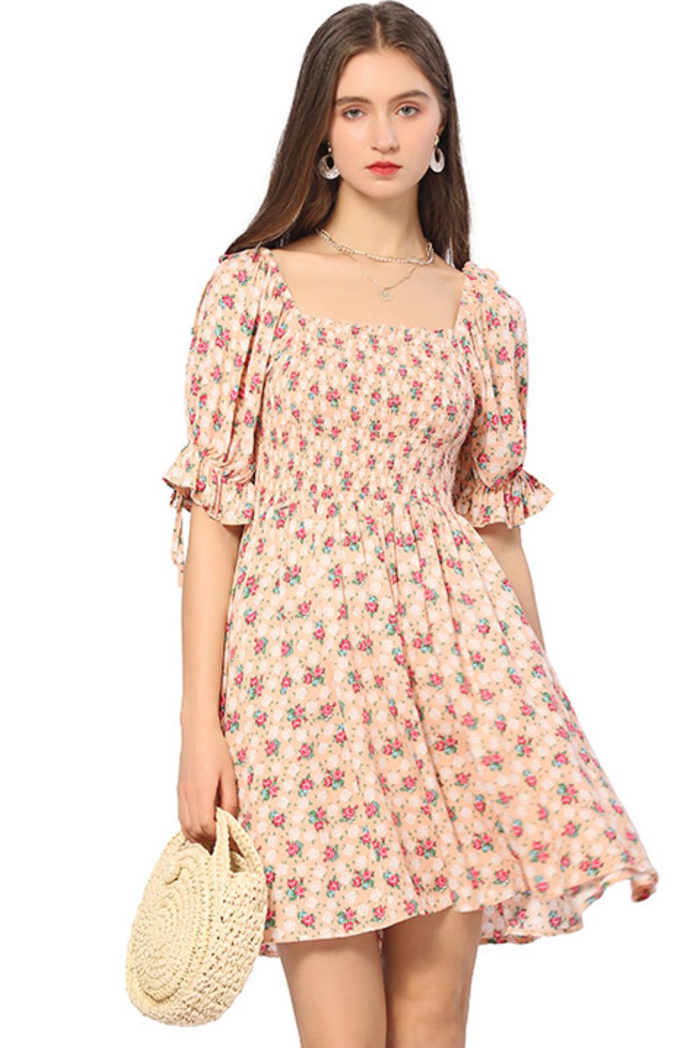 Floral Flounce Sleeve Square Neck Dress - Minihomy