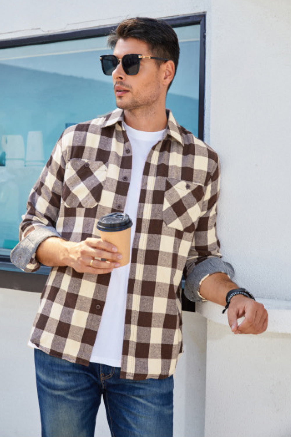 Plaid Buttoned Long-Sleeve Shirt with Breast Pockets - Minihomy