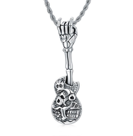 Skull Guitar Pendant for Men Punk Rock Gothic Skeleton Necklace for Men