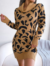 Animal Pattern Cowl Neck Mini Sweater Dress