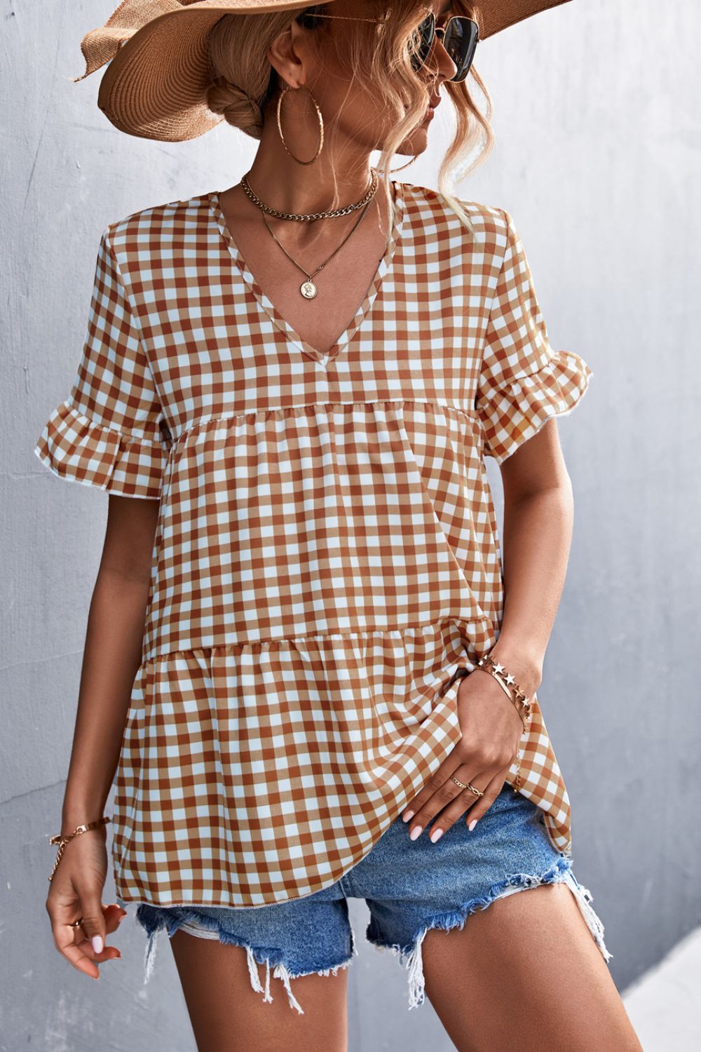 Gingham Flare Sleeve Babydoll Top - Minihomy