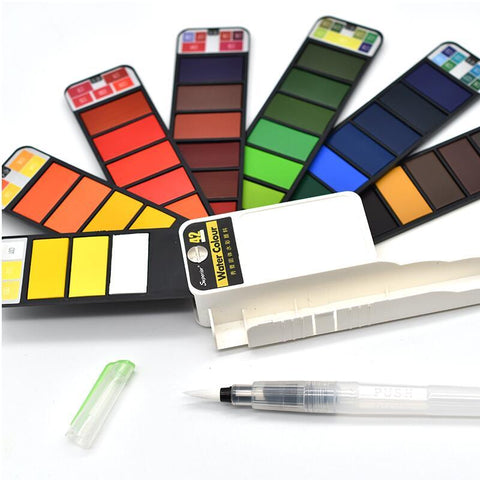 Solid Watercolor Paint Set With Water Brush Pen Foldable Travel Water Color Pigment