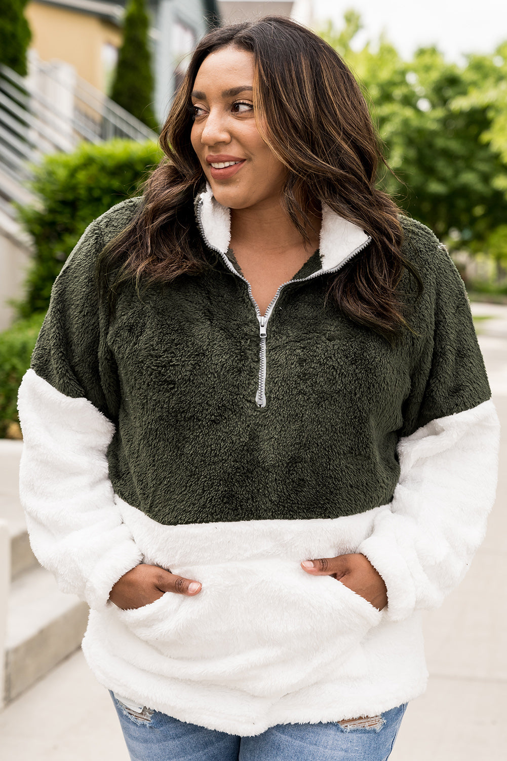 Plus Size Half Zipper Fleece Sweatshirt with Pocket - Minihomy