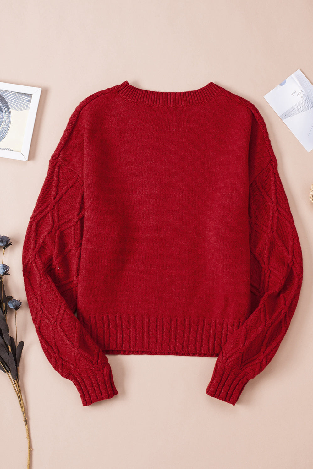 Cable-Knit Solid Dropped Shoulder Sweater - Minihomy