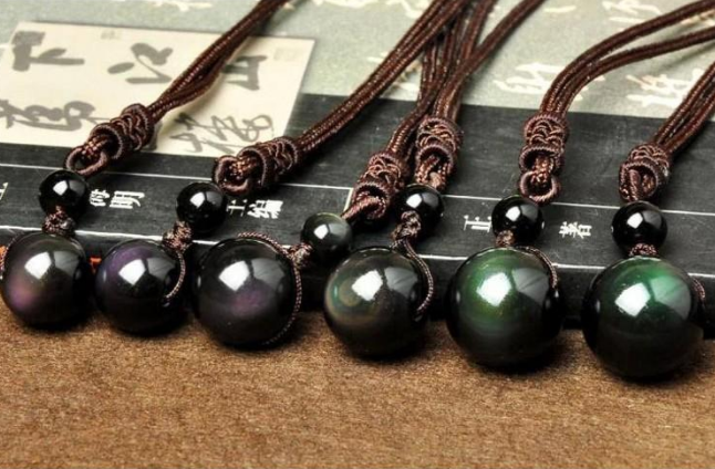 Natural Obsidian Rainbow Eye Transfer Good Luck Bead Pendant Necklace Polyester Rope Chain Necklace Jewelry For Women