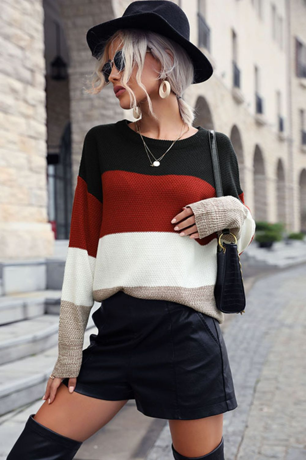 Color Block Long Sleeve Round Neck Sweater - Minihomy