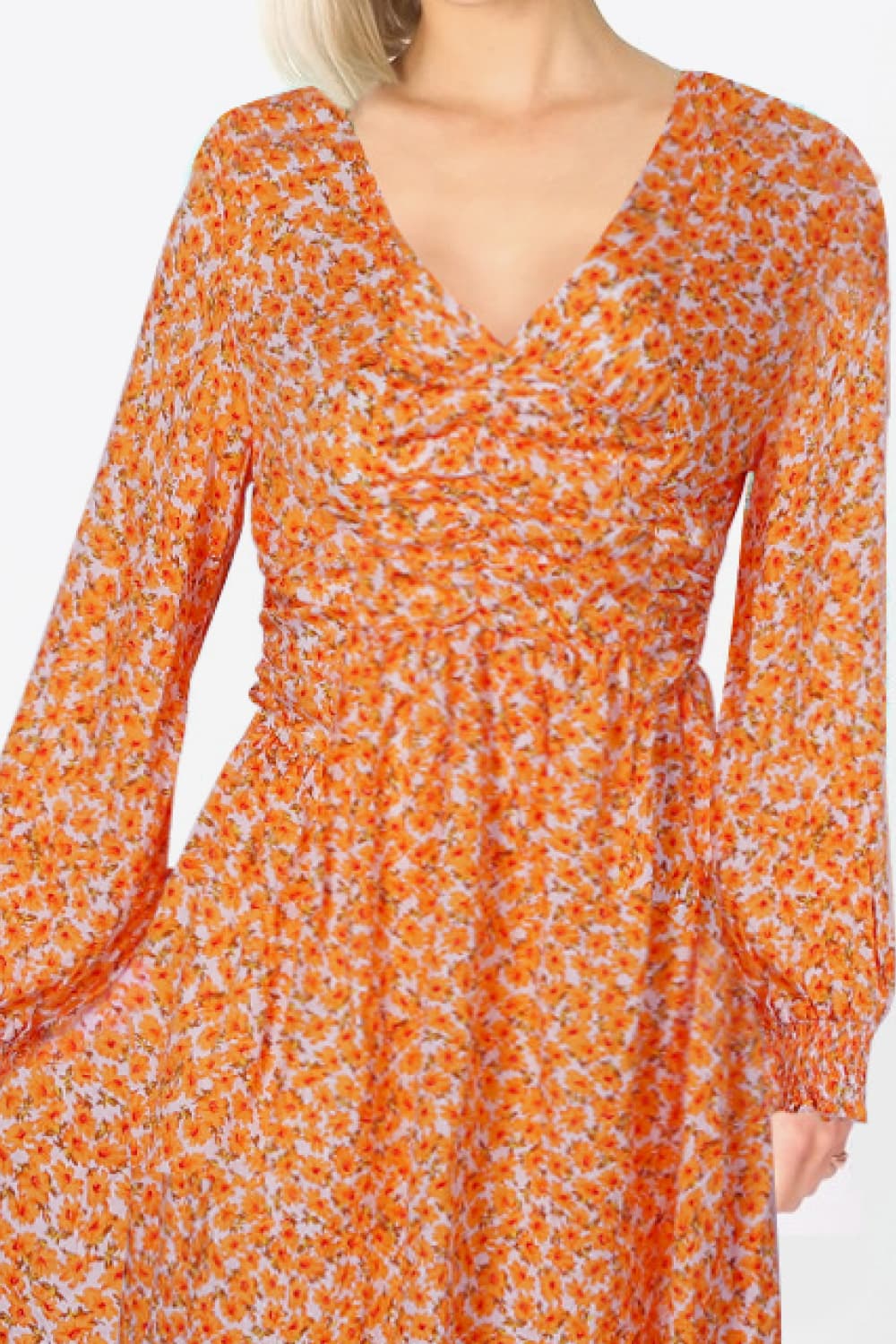 Floral Deep V Long Sleeve Dress - Minihomy