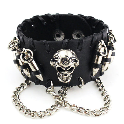 Men's Black PU Leather Bullet Wristband Adjustable Skull Metal Chain Bracelet Punk Biker Rock Gothic