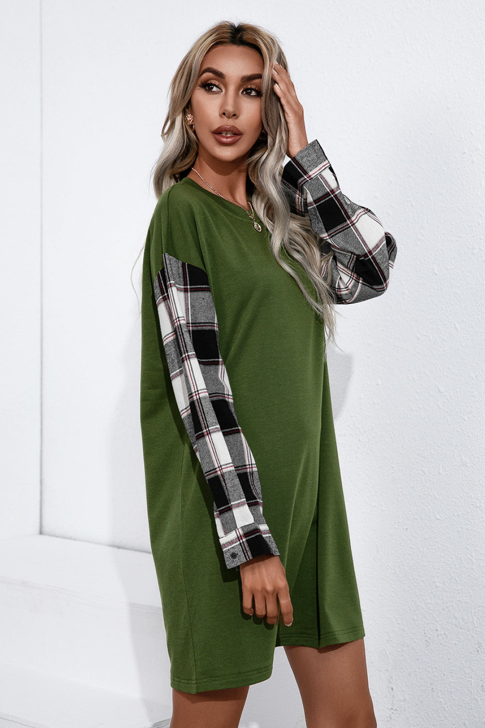 Plaid Sleeve Contrast T-Shirt Dress - Minihomy