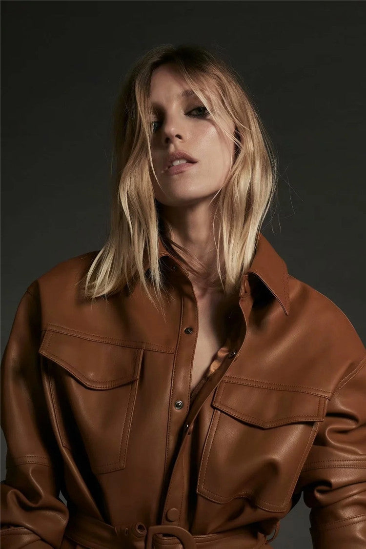 Lady Leather Sashes Mini Blazer Dresses Stitching Faux Leather Jacket