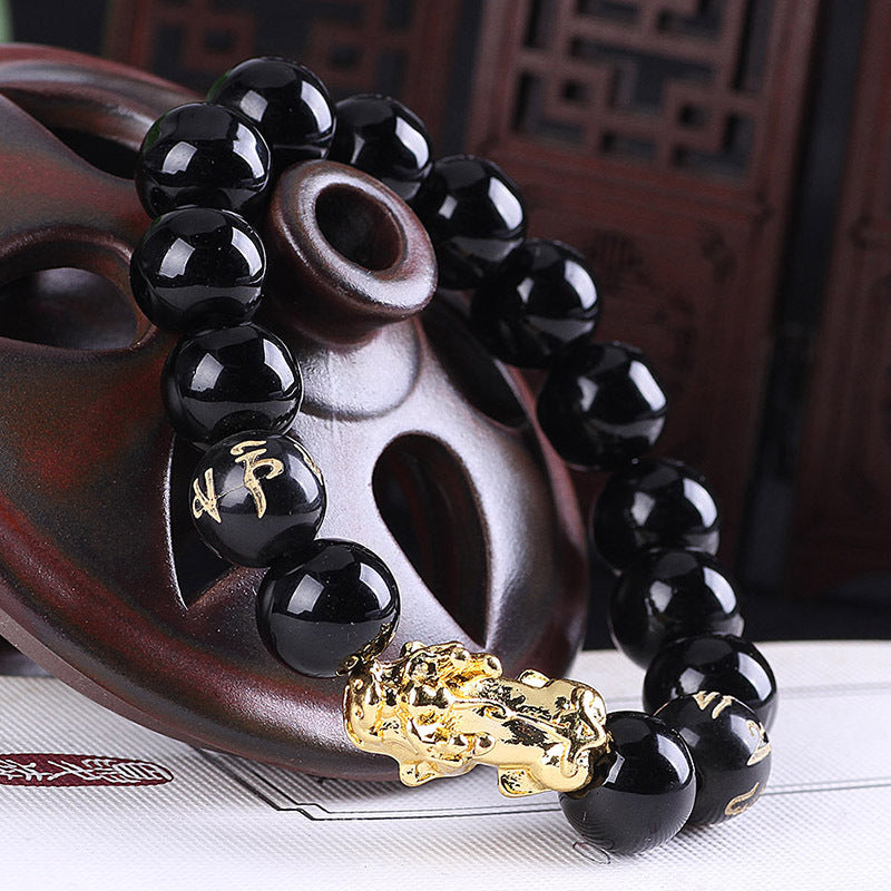 Obsidian 18K Gold Beads Bracelet Men Women