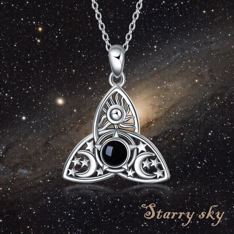 Triple Moon Goddess Triquetra Necklace Sterling Silver I Love You 100 Languages Pentagram Pentacle Pendant necklace Pagan Wiccan Jewelry