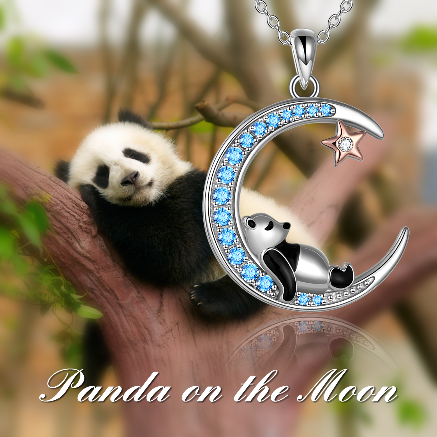 Sterling Silver Panda  Animal Moon Star Blue Pendant Necklace Jewelry Gift