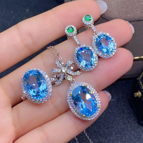Natural Sky Blue Topaz Set Ring Pendant Earring Crystal