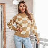 Checkered Two-Tone Dropped Shoulder Crewneck Sweater - Minihomy