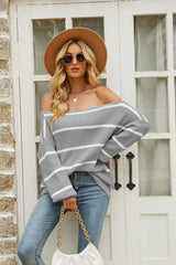 Striped Rib-Knit Off-Shoulder Sweater - Minihomy