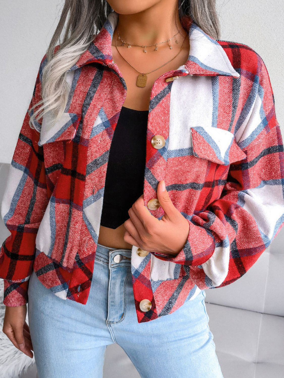 Plaid Collared Neck Drop Shoulder Jacket - Minihomy