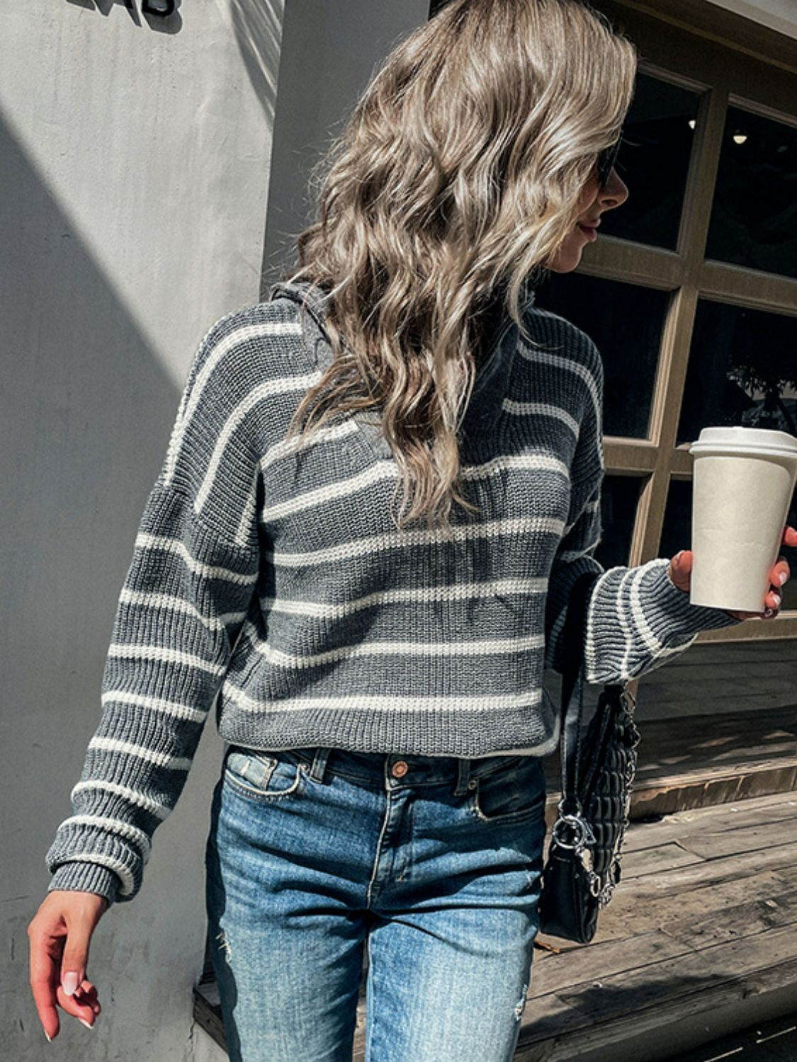 Striped Rib-Knit Quarter-Zip Collared Sweater