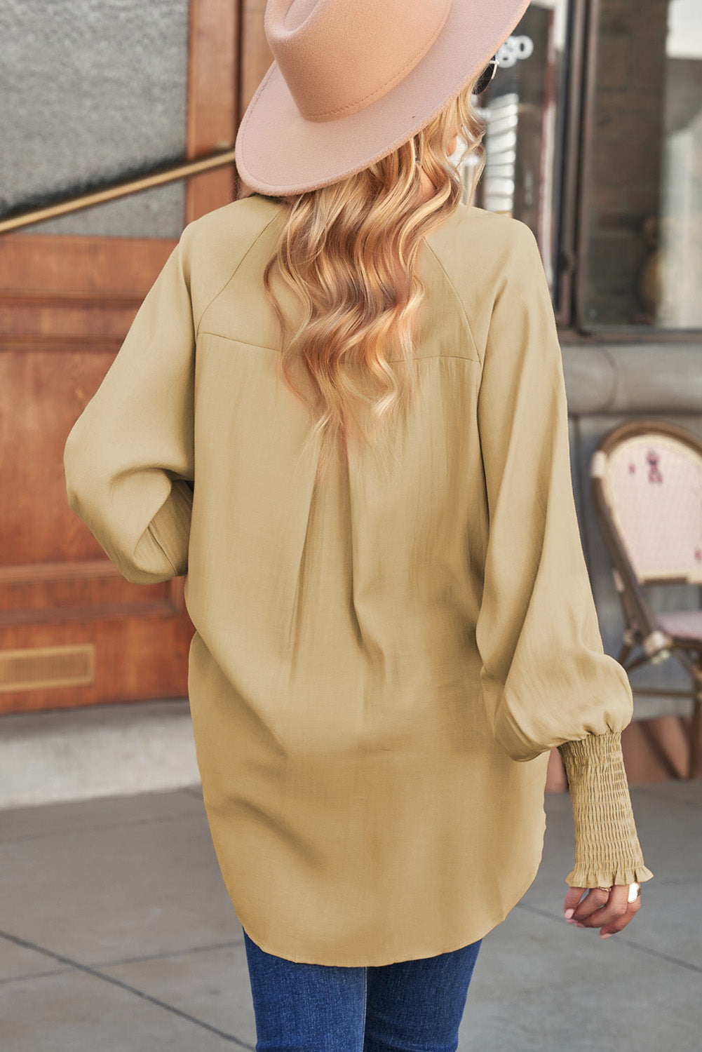 Smocked Lantern Sleeve High-Low Shirt