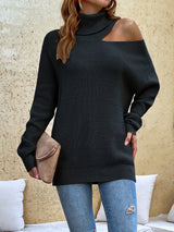 Cold-Shoulder Turtleneck Rib-Knit Sweater