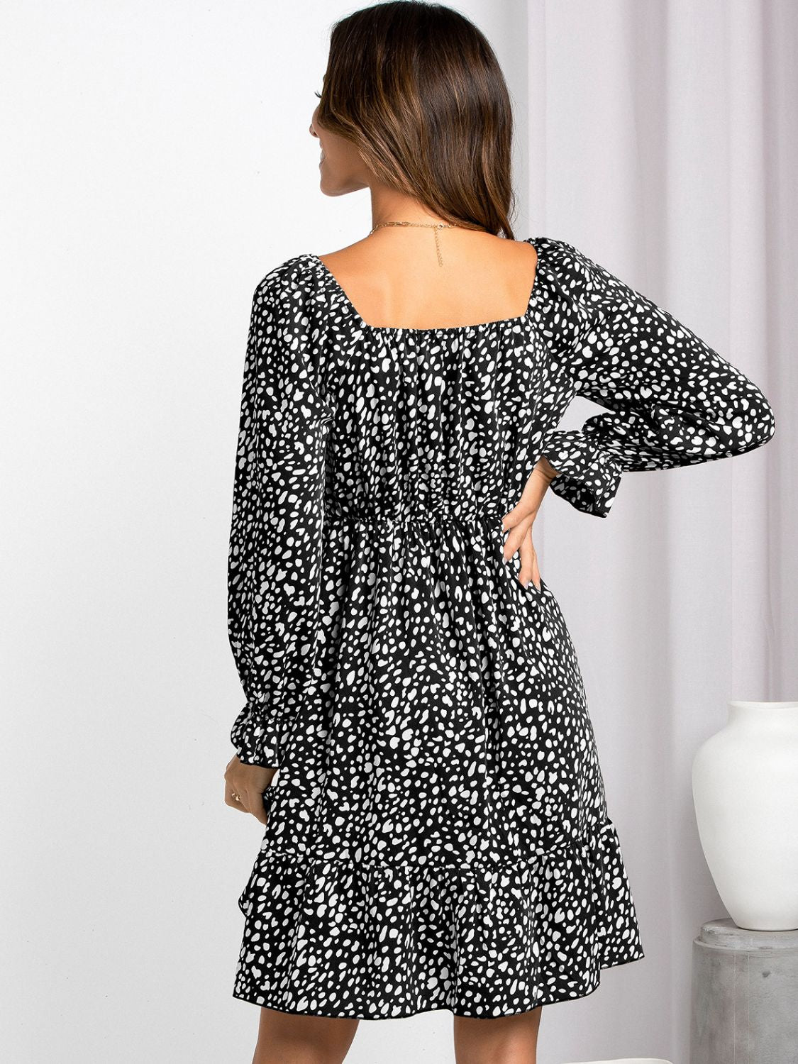 Printed Square Neck Flounce Sleeve Dress