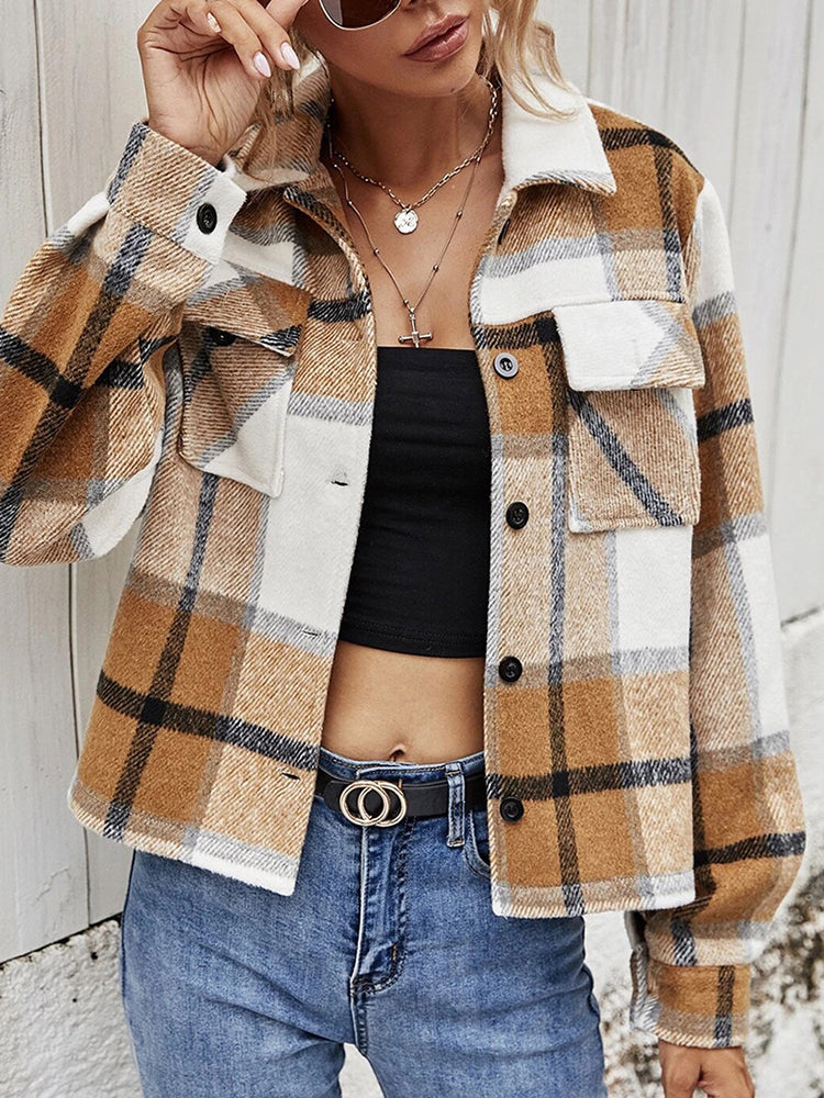 Plaid Collared Neck Jacket with Breast Pockets - Minihomy