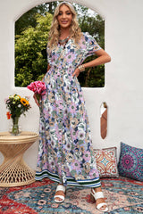 Floral Buttoned  Short Sleeve Maxi Dress - Minihomy