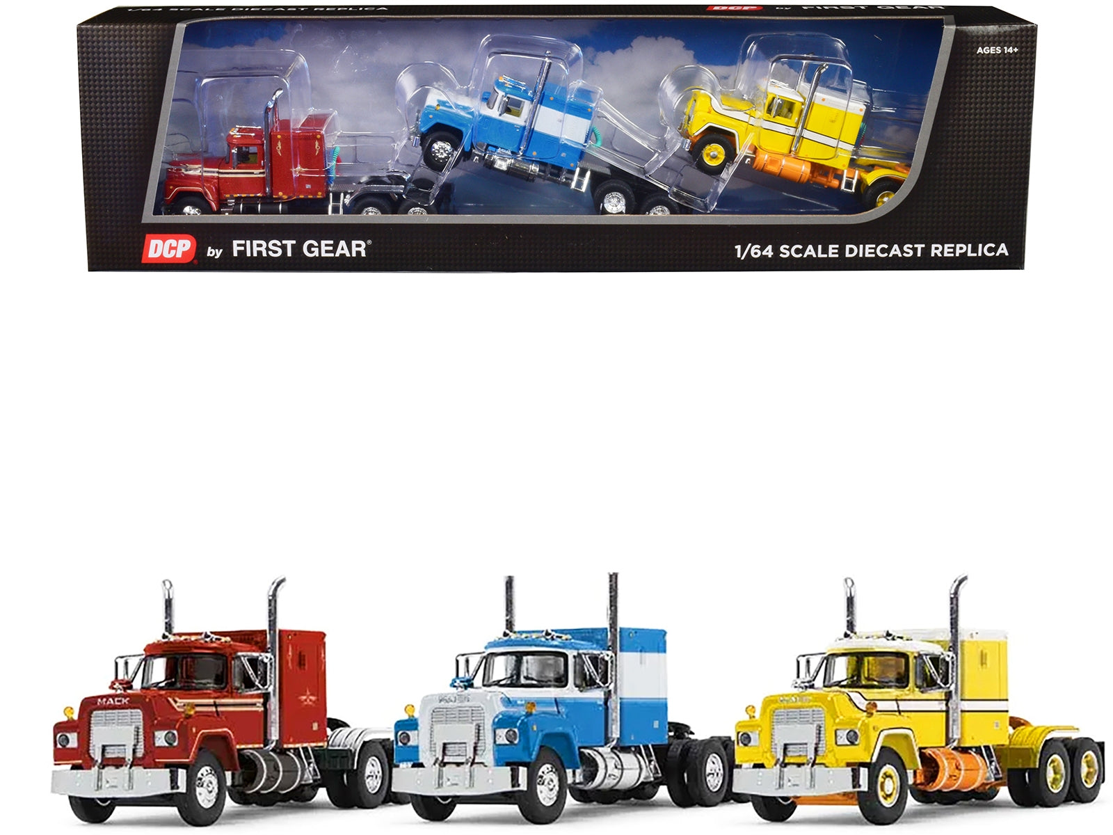 Mack R Sleeper Trio Set of 3 Truck Tractors in Red Blue and Yellow 1/64 Diecast Models by DCP/First Gear - Minihomy