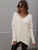 Ribbed V-Neck Open Back Tunic Sweater - Minihomy