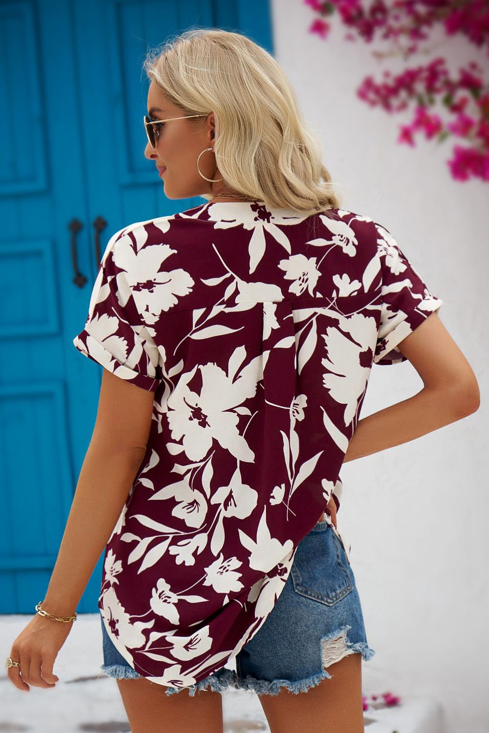 Floral Notched Neck Cuffed Blouse - Minihomy