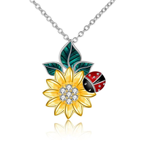 Sunflower Necklace S925 Sterling Silver Ladybug Pendant Necklace Jewelry Gifts for Girlfriend Mom