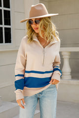 Striped Half-Zip Collared Sweater