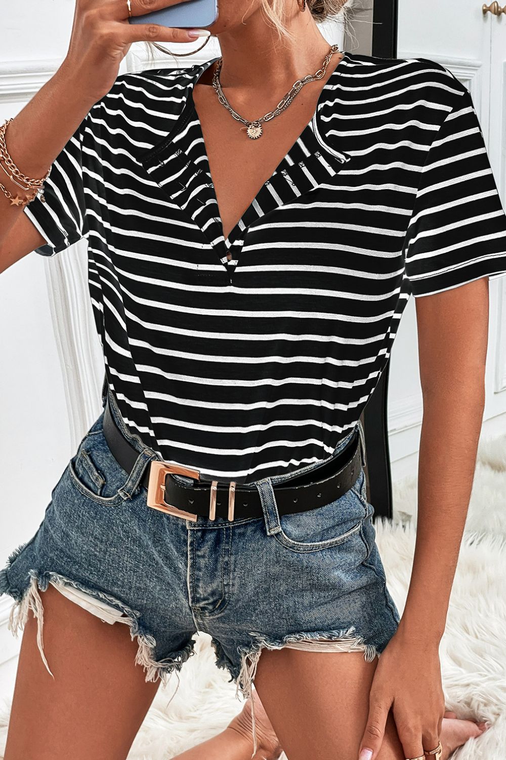 Striped Quarter Button Tee Shirt