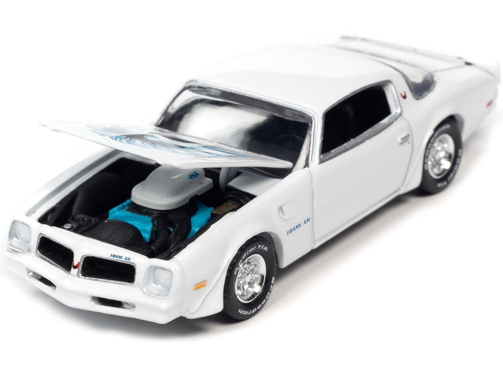 1976 Pontiac Firebird Trans Am Cameo White with Blue & Black Bird Hood Graphic "Vintage Muscle" Limited Edition 1/64 Diecast Model Car by Auto World - Minihomy