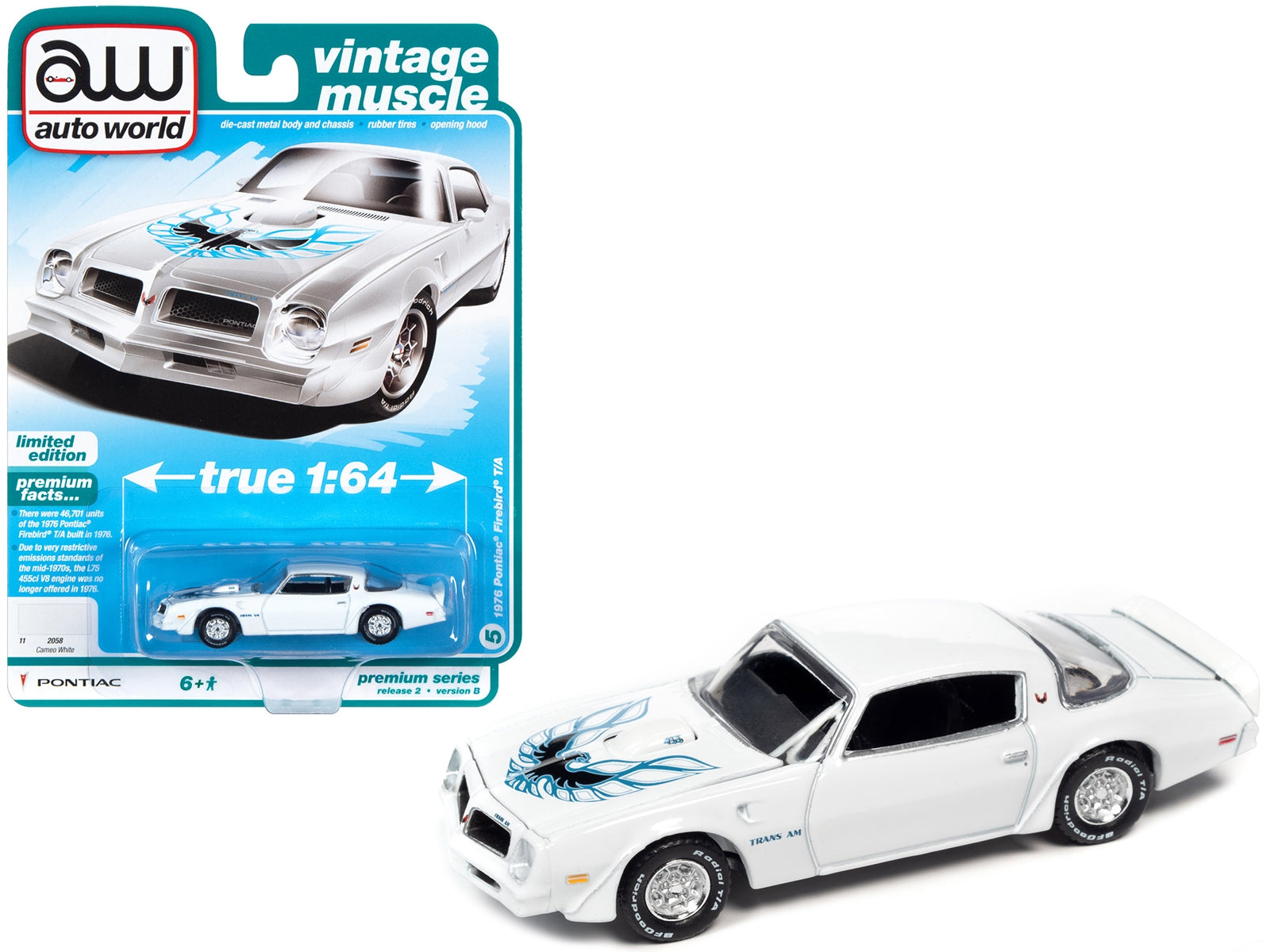 1976 Pontiac Firebird Trans Am Cameo White with Blue & Black Bird Hood Graphic "Vintage Muscle" Limited Edition 1/64 Diecast Model Car by Auto World - Minihomy