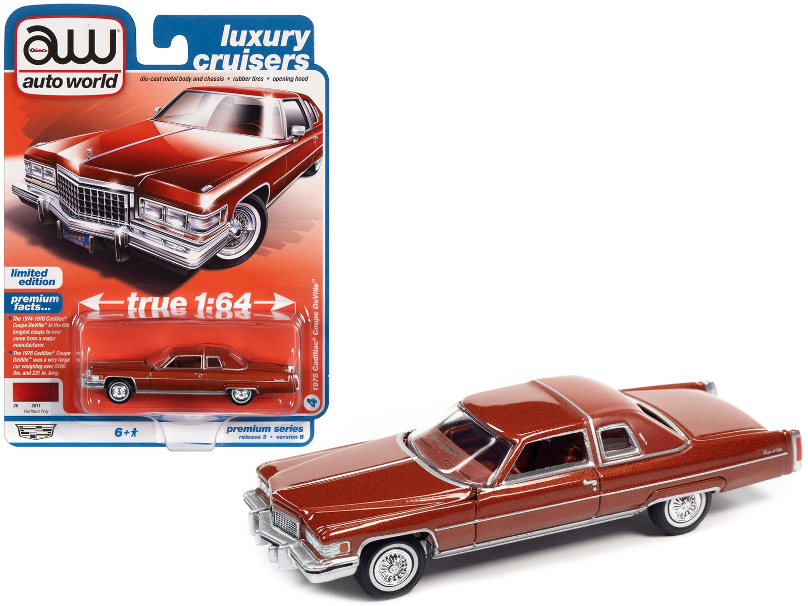 1975 Cadillac Coupe DeVille Firethorn Red Metallic with Firethorn Red Vinyl Top "Luxury Cruisers" Limited Edition 1/64 Diecast Model Car by Auto World - Minihomy