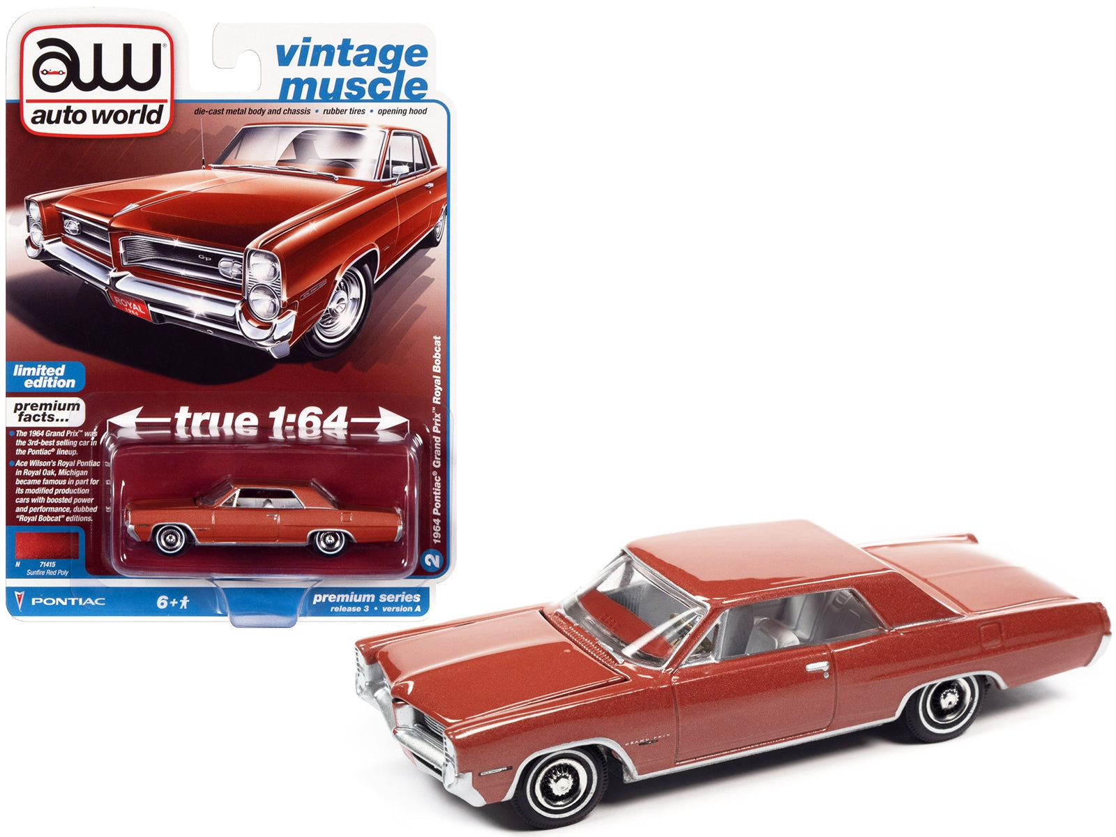 1964 Pontiac Grand Prix Royal Bobcat Sunfire Red Metallic "Vintage Muscle" Limited Edition 1/64 Diecast Model Car by Auto World - Minihomy