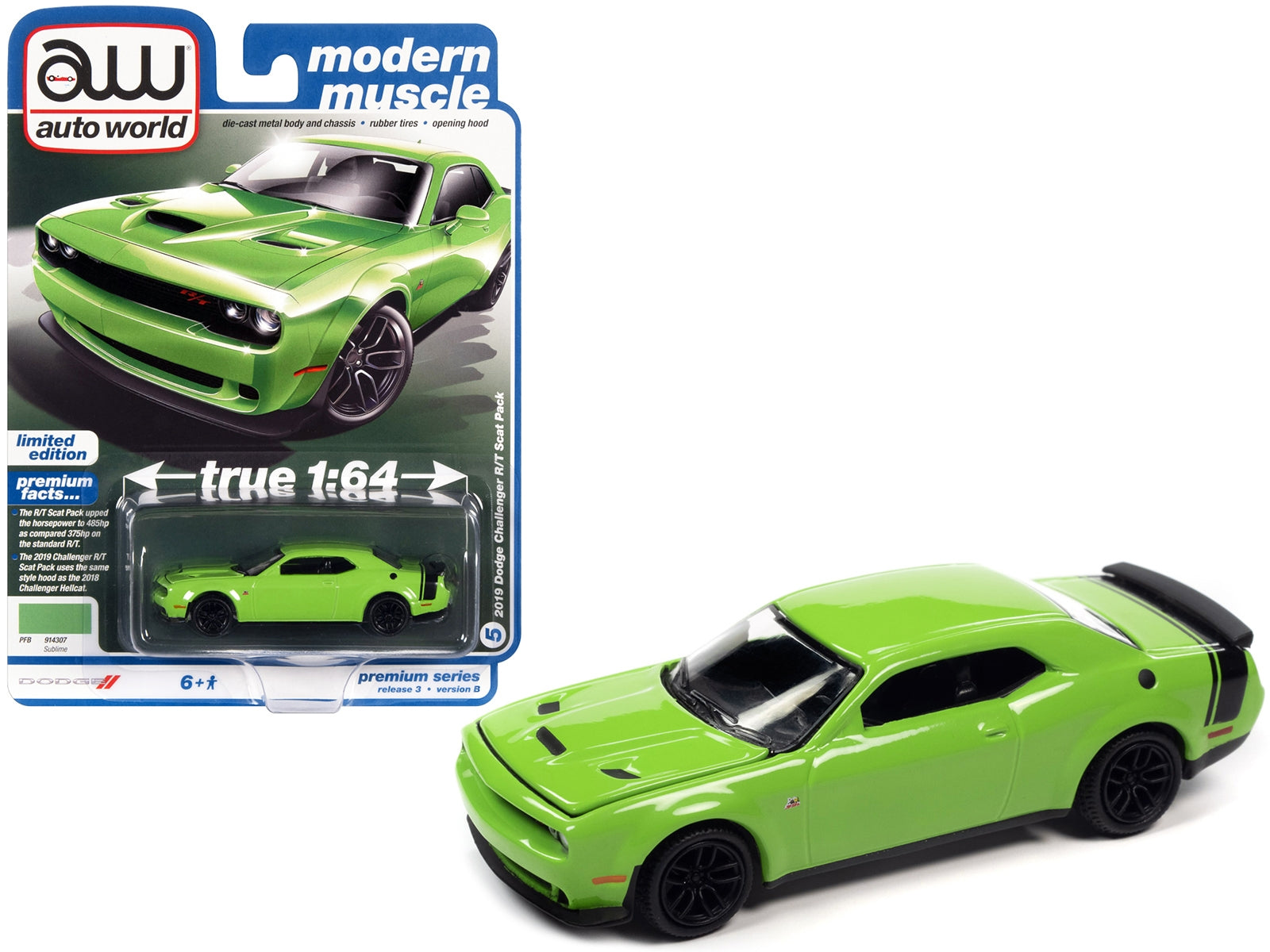 2019 Dodge Challenger R/T Scat Pack Sublime Green with Black Tail Stripe "Modern Muscle" Limited Edition 1/64 Diecast Model Car by Auto World - Minihomy