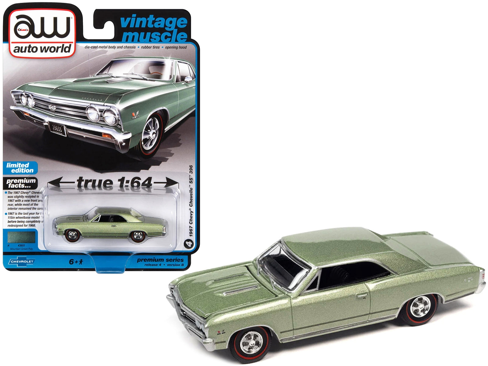 1967 Chevrolet Chevelle SS 396 Mountain Green Metallic "Vintage Muscle" Limited Edition 1/64 Diecast Model Car by Auto World - Minihomy