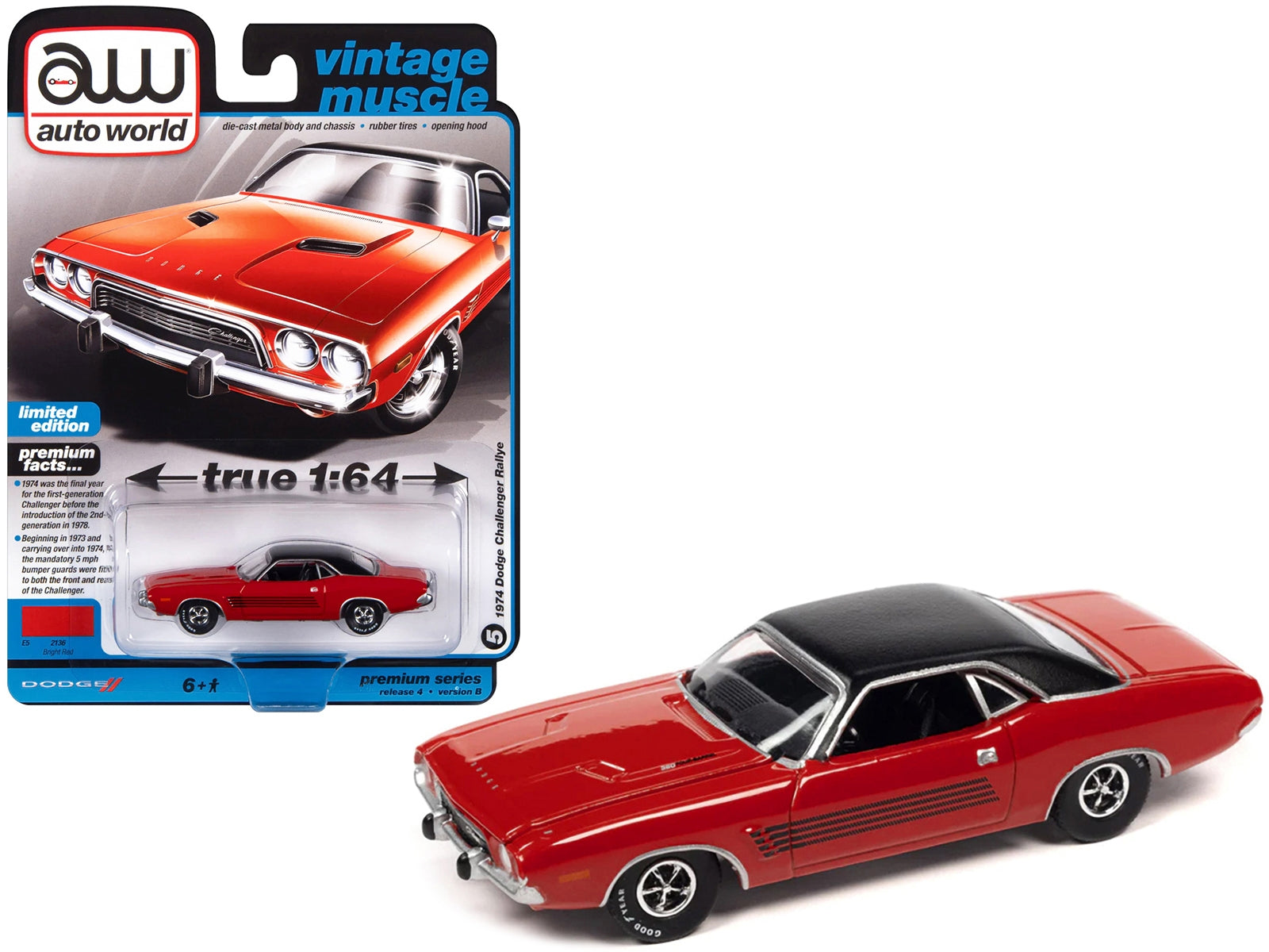 1974 Dodge Challenger Rallye Bright Red with Black Vinyl Top "Vintage Muscle" Limited Edition 1/64 Diecast Model Car by Auto World - Minihomy