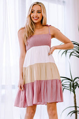 Color Block Tie Shoulder Tiered Dress - Minihomy