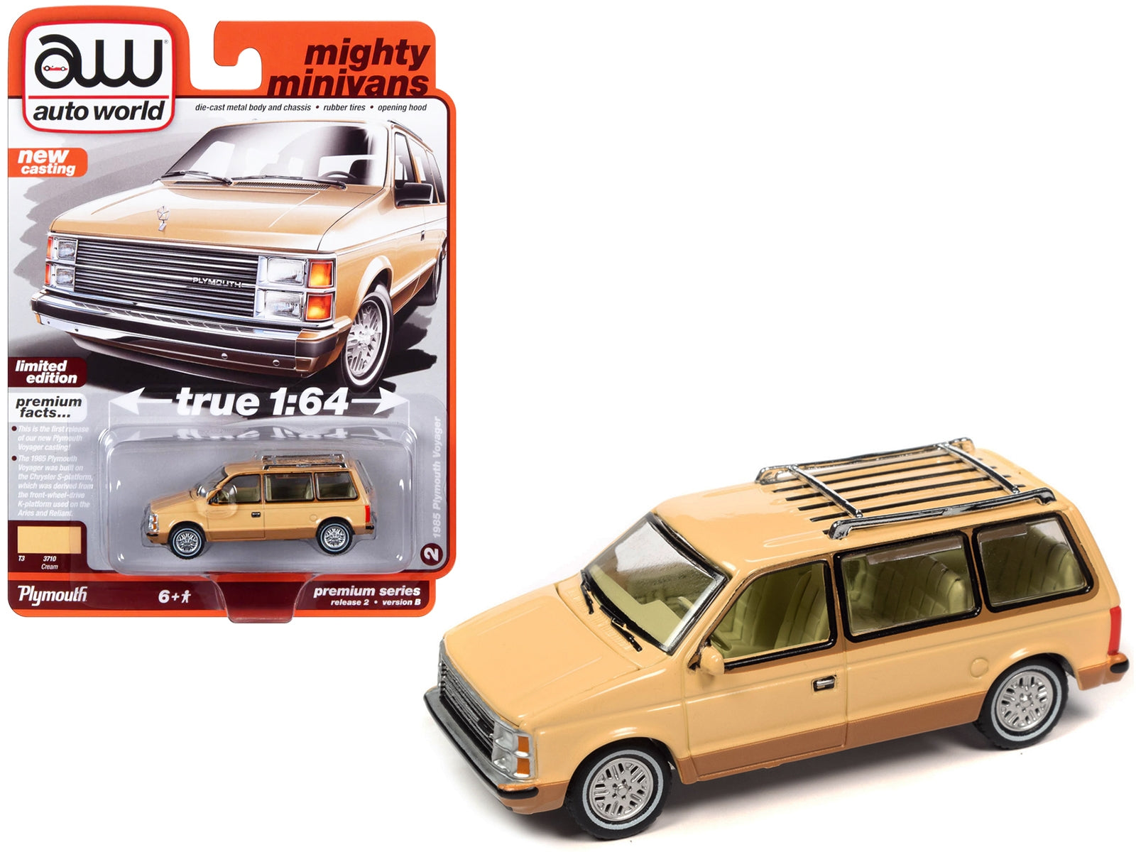 1985 Plymouth Voyager Minivan Cream with Roofrack "Mighty Minivans" Limited Edition 1/64 Diecast Model Car by Auto World - Minihomy