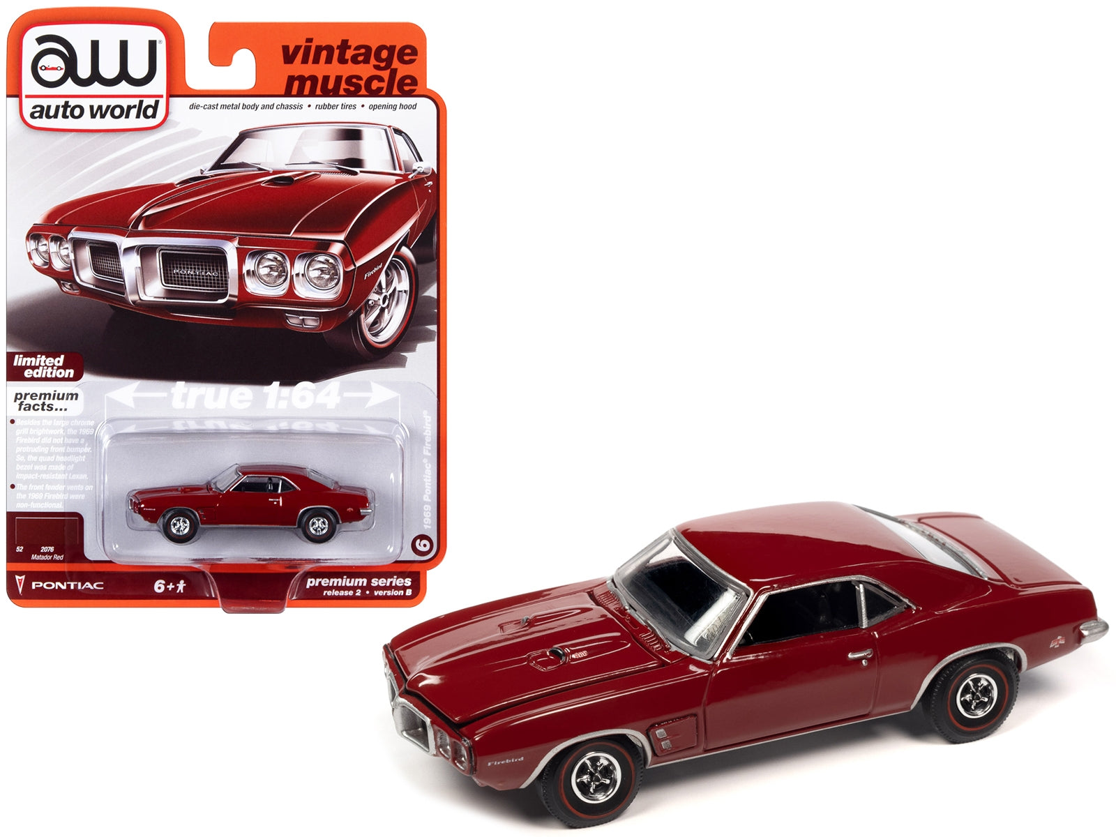 1969 Pontiac Firebird Matador Red "Vintage Muscle" Limited Edition 1/64 Diecast Model Car by Auto World - Minihomy