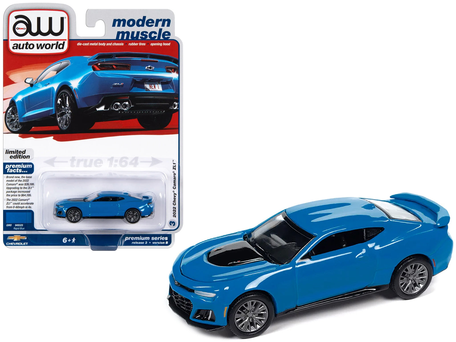 2022 Chevrolet Camaro ZL1 Rapid Blue "Modern Muscle" Limited Edition 1/64 Diecast Model Car by Auto World - Minihomy