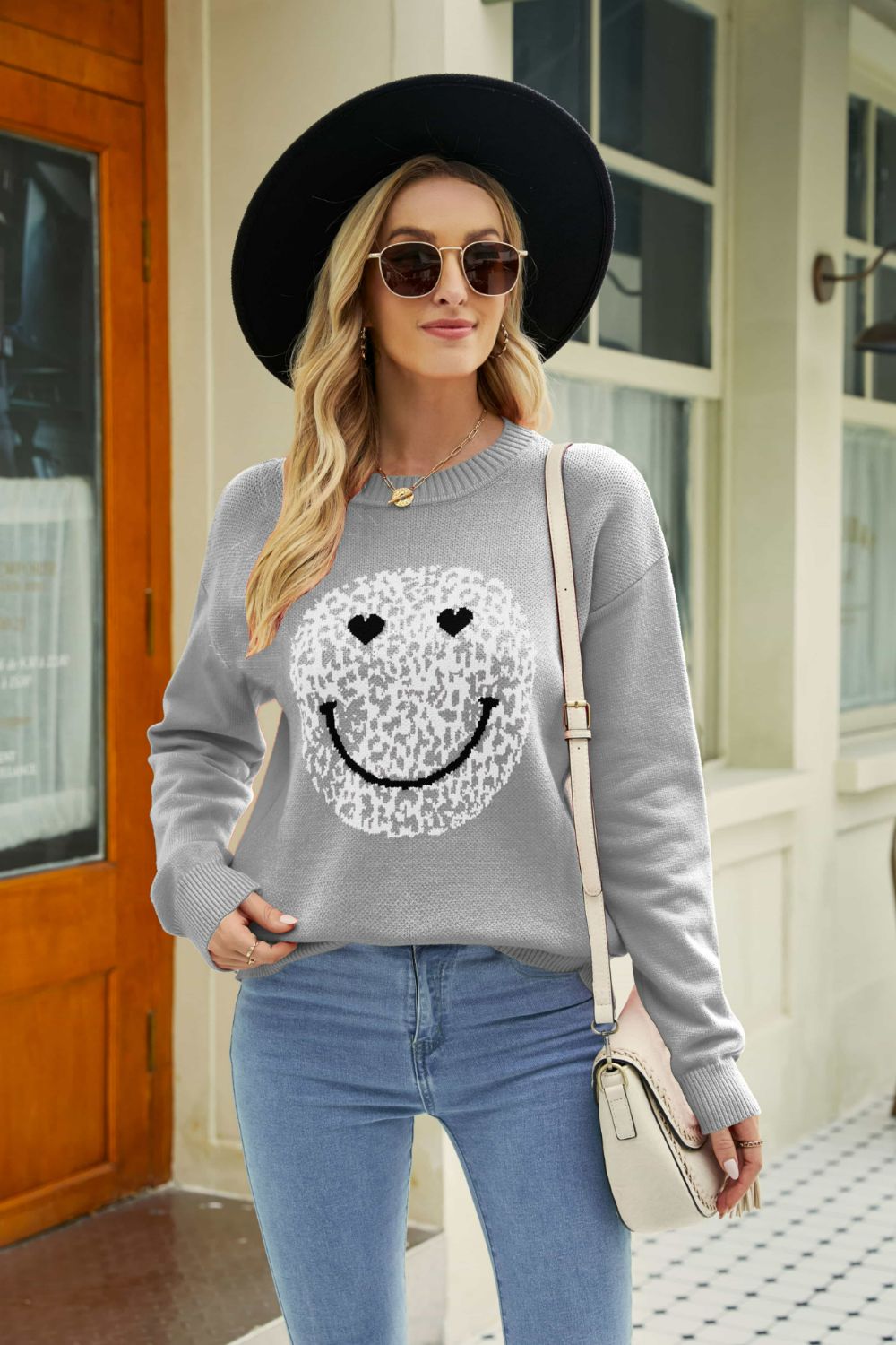 Smiley Face Graphic Dropped Shoulder Sweater