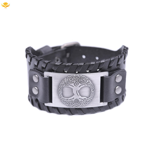 Wide Leather Alloy Tree of Life Bracelet