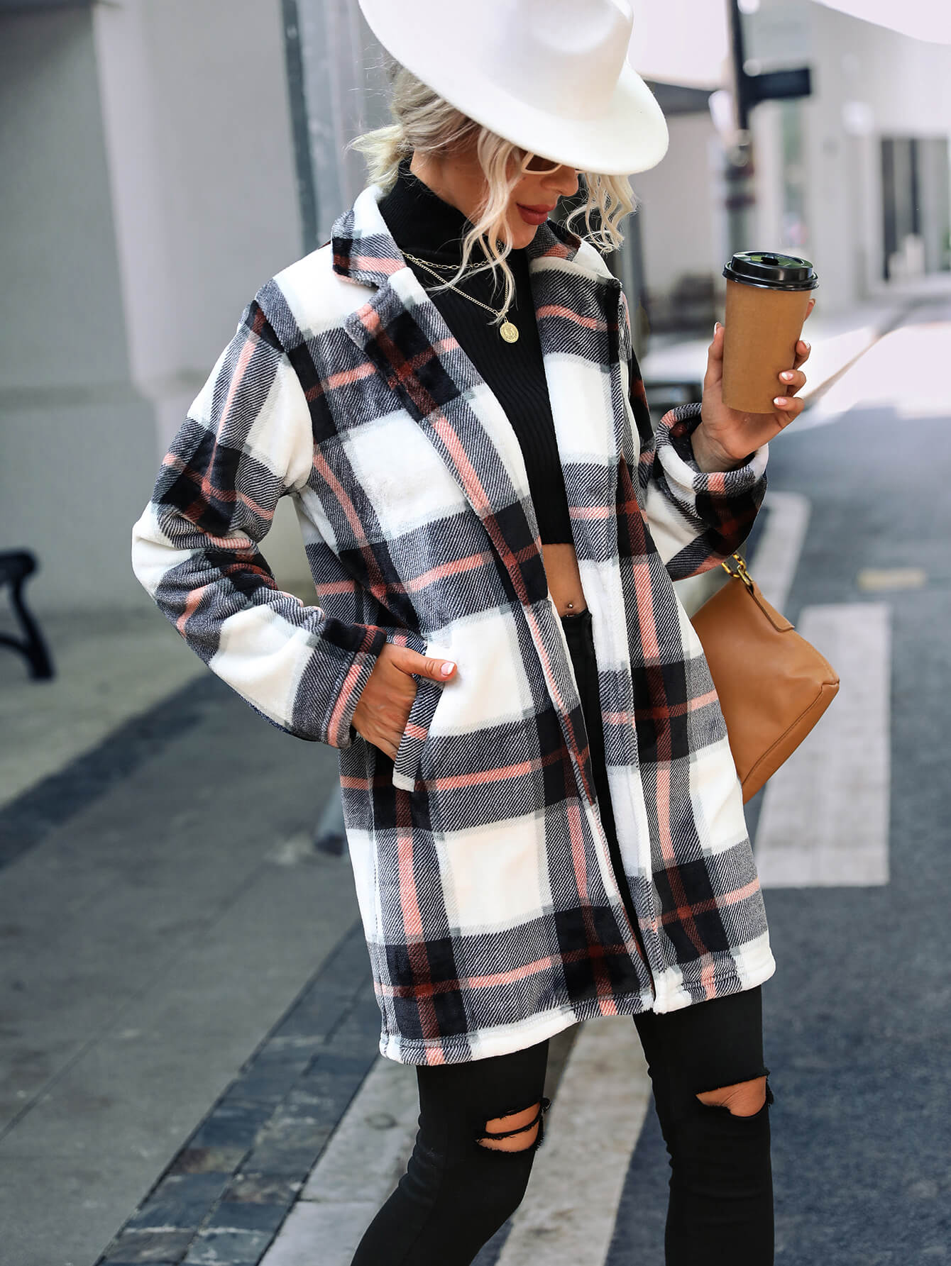 Plaid Lapel Collar Longline Jacket with Pockets