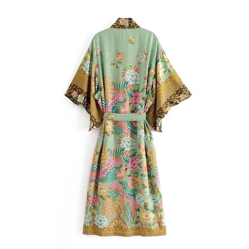 Women's Peacock Floral Print Bat Sleeve Beach Bohemian Kimono