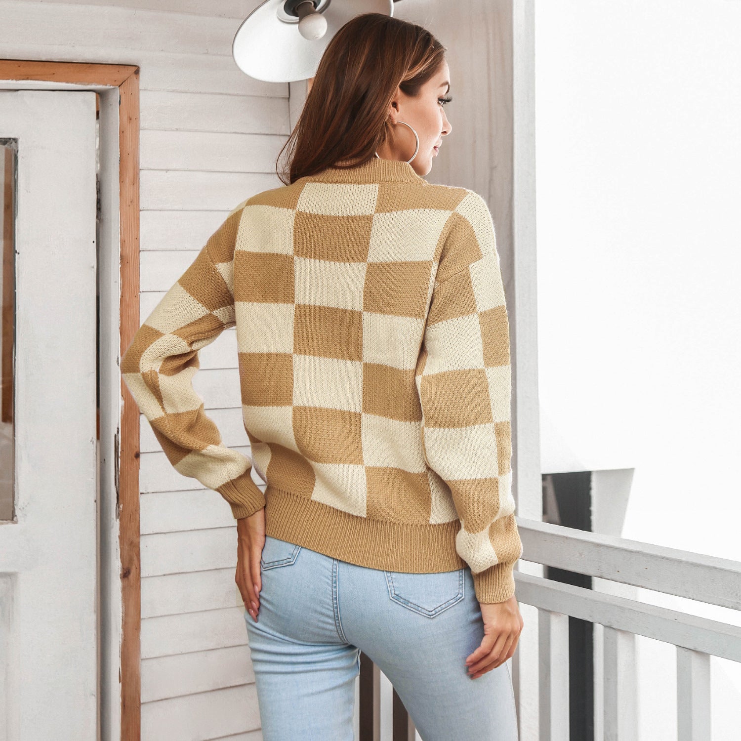 Checkered Two-Tone Dropped Shoulder Crewneck Sweater - Minihomy